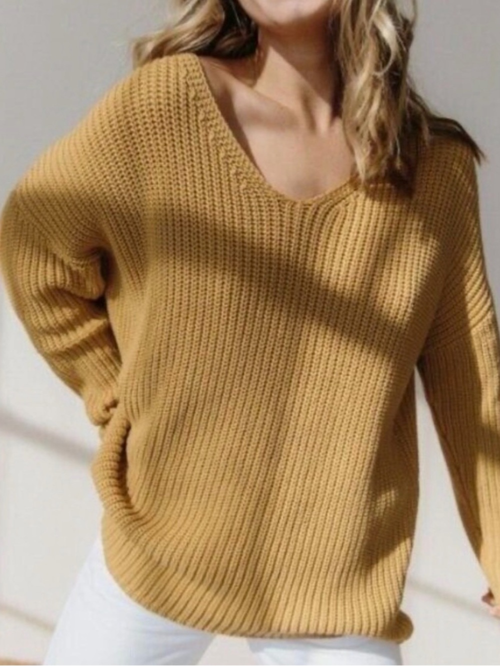 Jenni Kayne Cotton Cabin Fisherman Sweater Mustard Yellow V Neck M